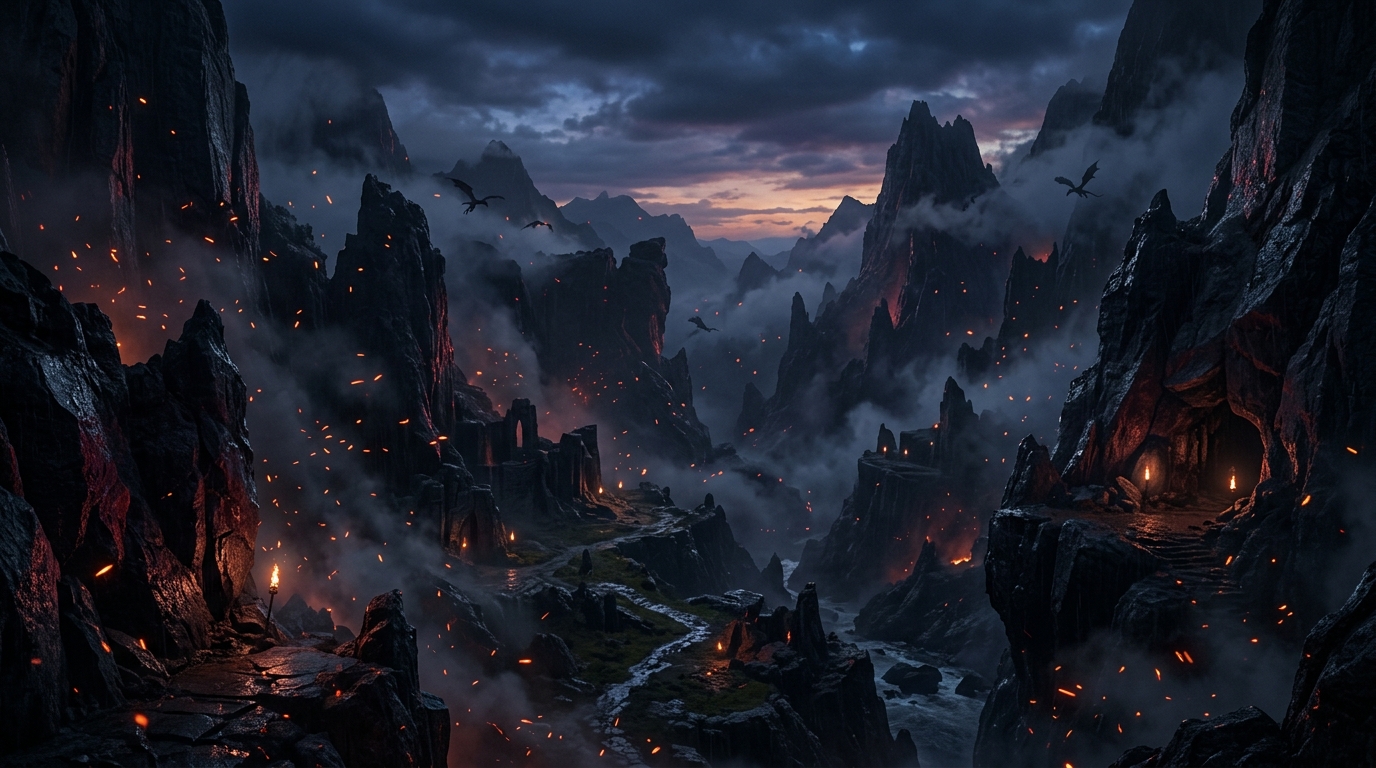 Ancient misty dragon valley with dark obsidian cliffs and embers